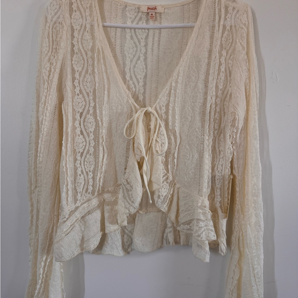 Peach Cream Flutter Sleeve Blouse with Tie Front